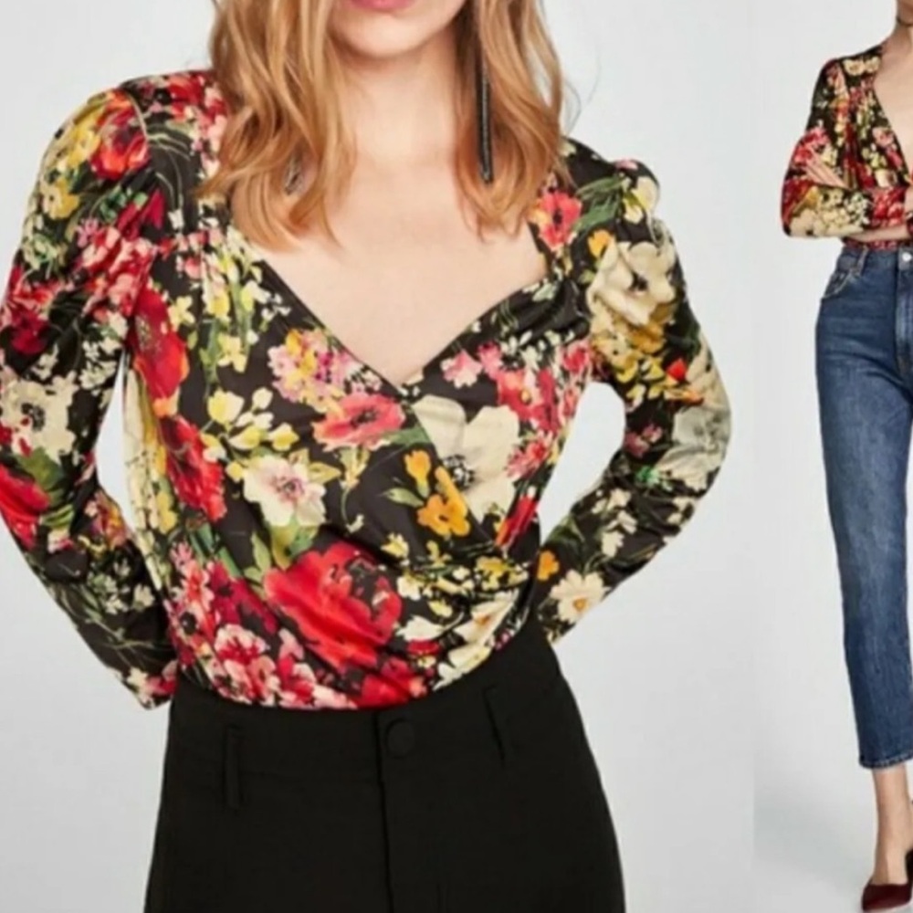 Designer Zara Multicolor Floral Wrap Low V-Neck Bodysuit Women’s Size M - Picture 2 of 9